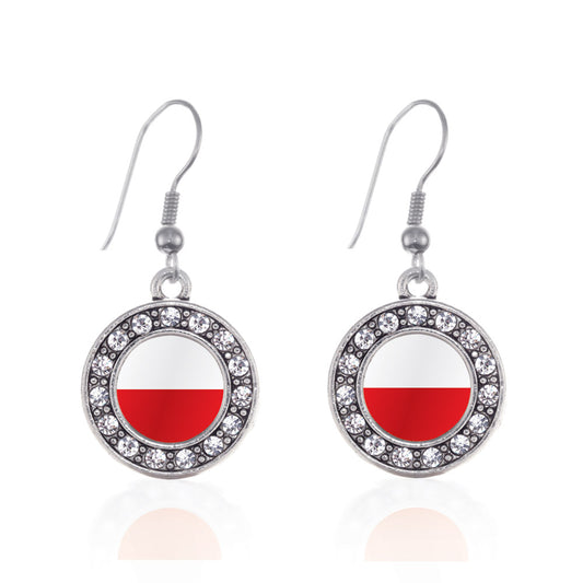 Silver Poland Flag Circle Charm Dangle Earrings