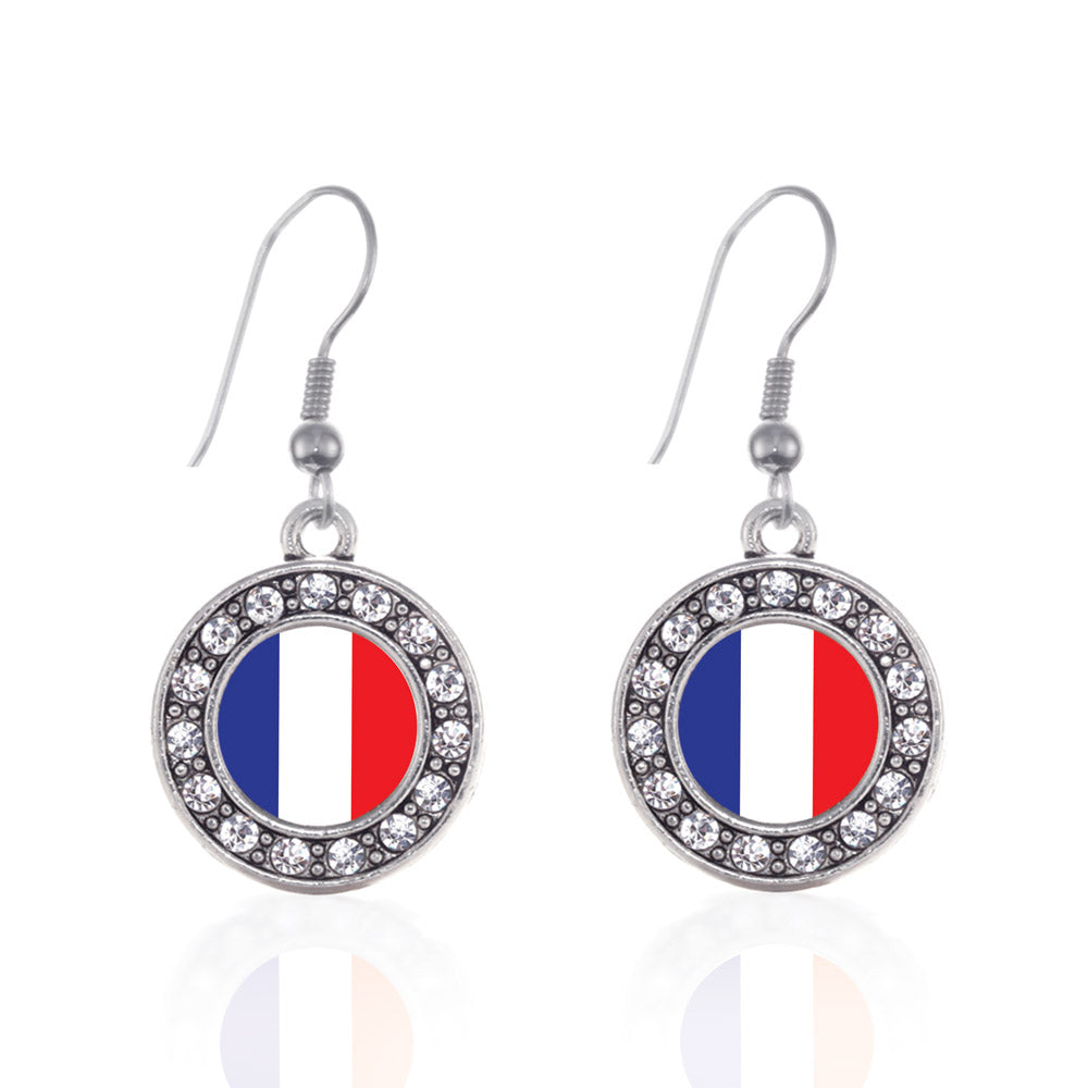 Silver France Flag Circle Charm Dangle Earrings