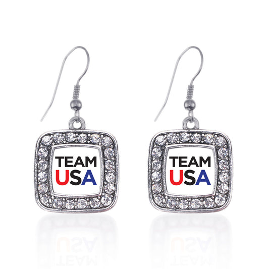 Silver White Banner Team USA Square Charm Dangle Earrings