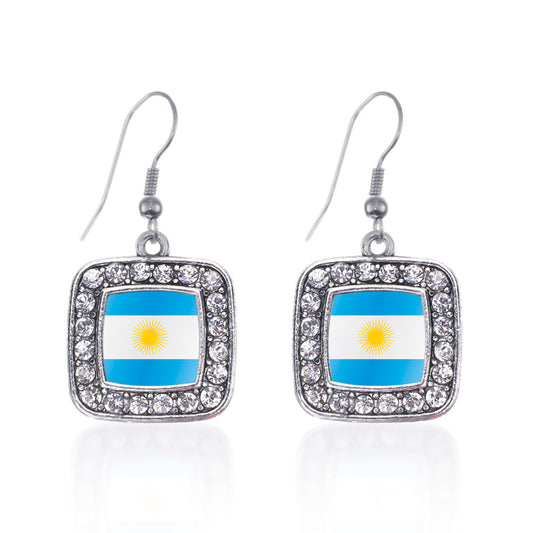 Silver Argentina Flag Square Charm Dangle Earrings