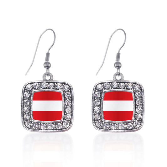 Silver Austria Flag Square Charm Dangle Earrings