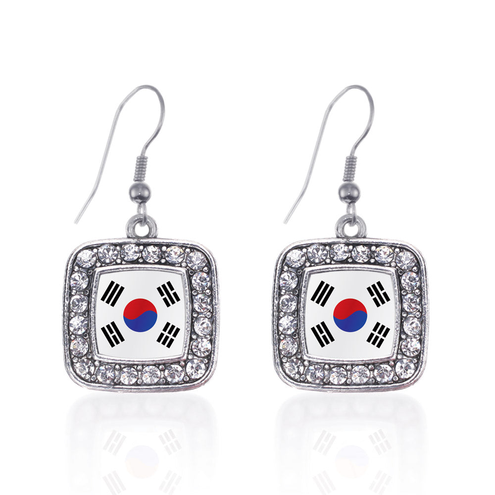 Silver Republic of Korea Flag Square Charm Dangle Earrings