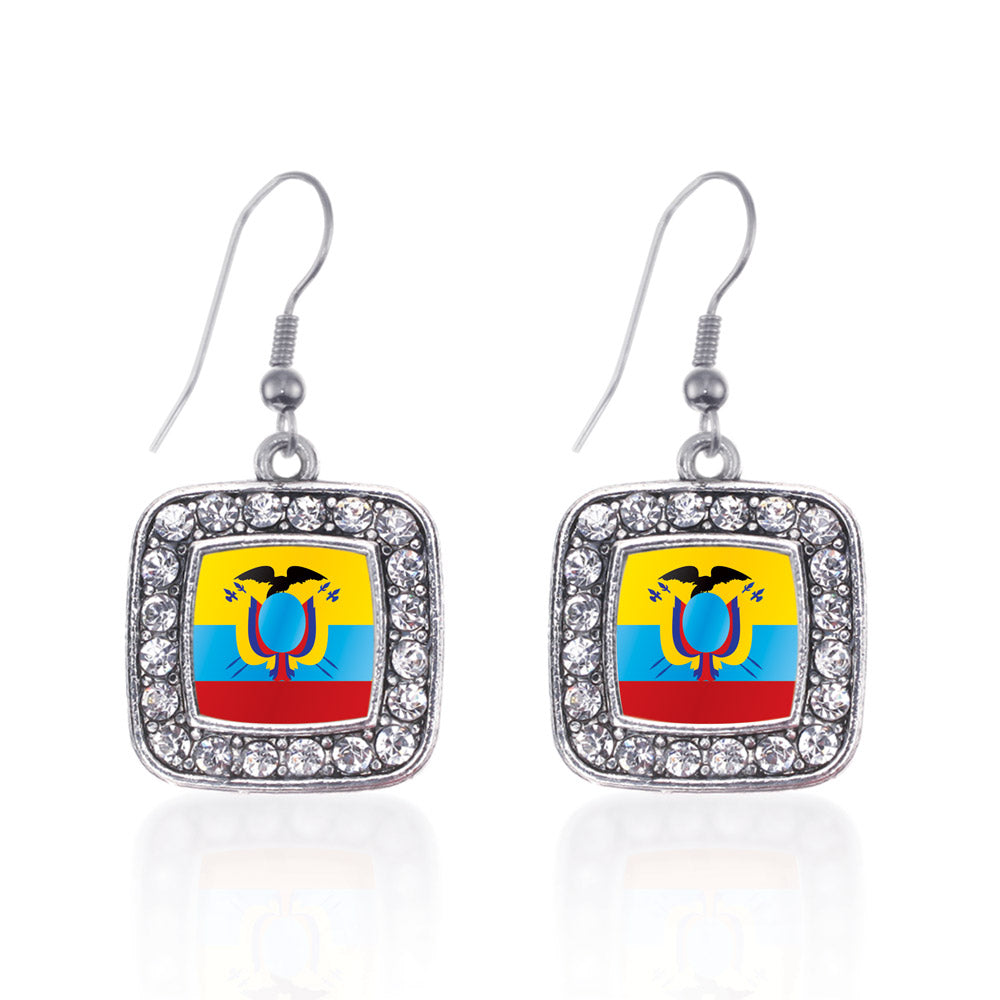 Silver Ecuador Flag Square Charm Dangle Earrings