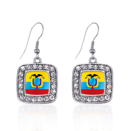 Silver Ecuador Flag Square Charm Dangle Earrings