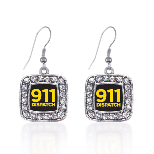 Silver 911 Dispatch Square Charm Dangle Earrings