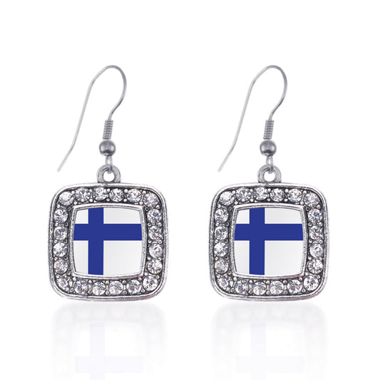 Silver Finland Flag Square Charm Dangle Earrings