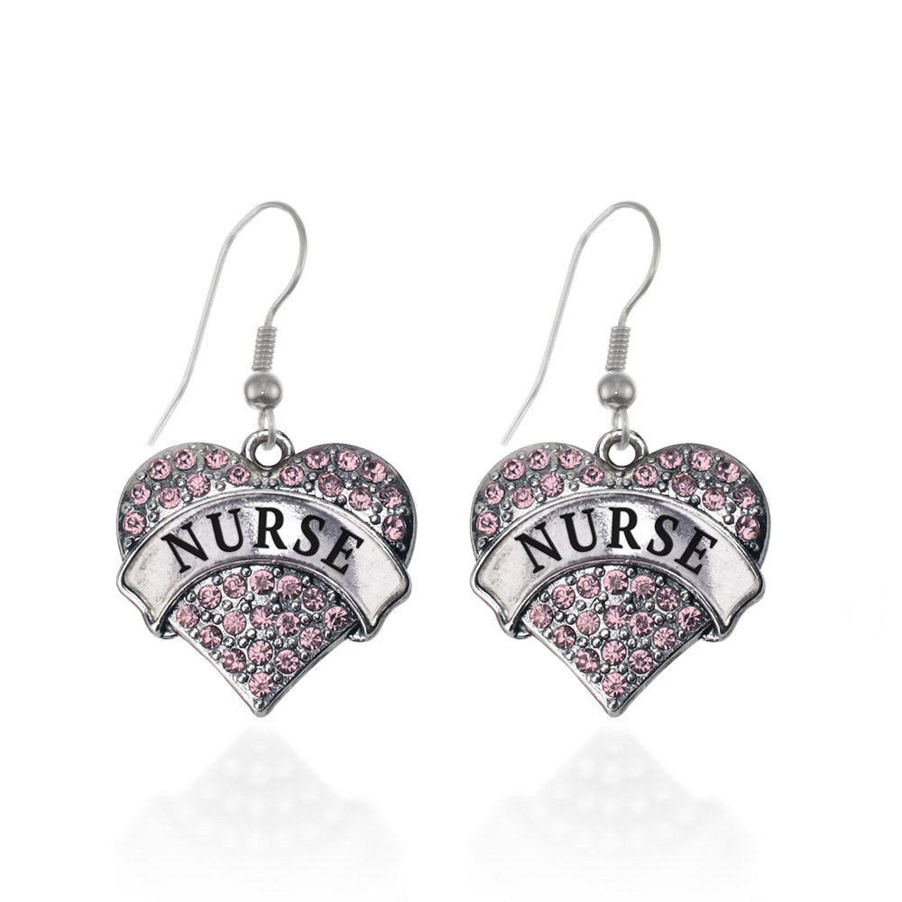 Silver Nurse Pink Pave Heart Charm Dangle Earrings