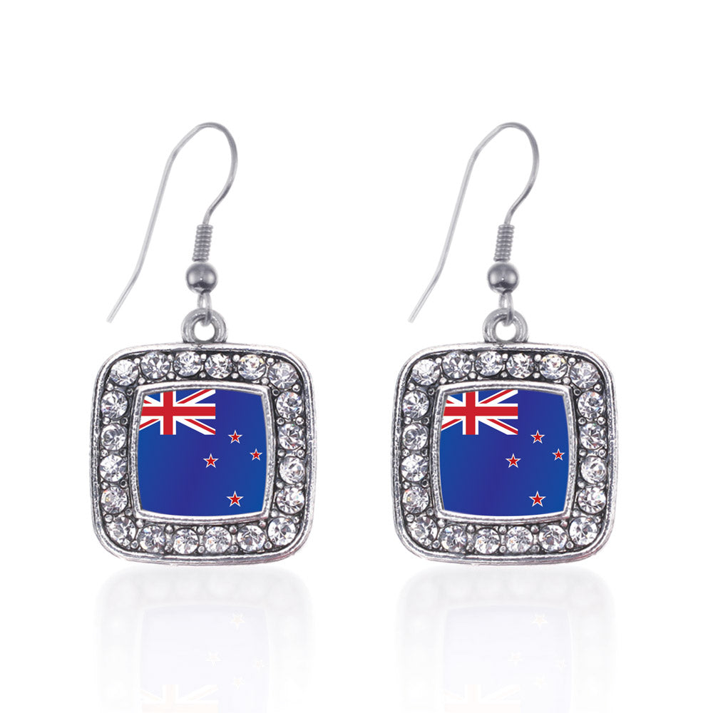 Silver New Zealand Flag Square Charm Dangle Earrings