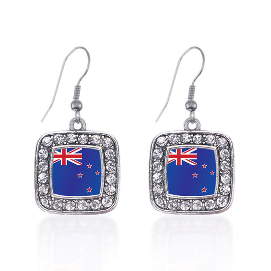 Silver New Zealand Flag Square Charm Dangle Earrings