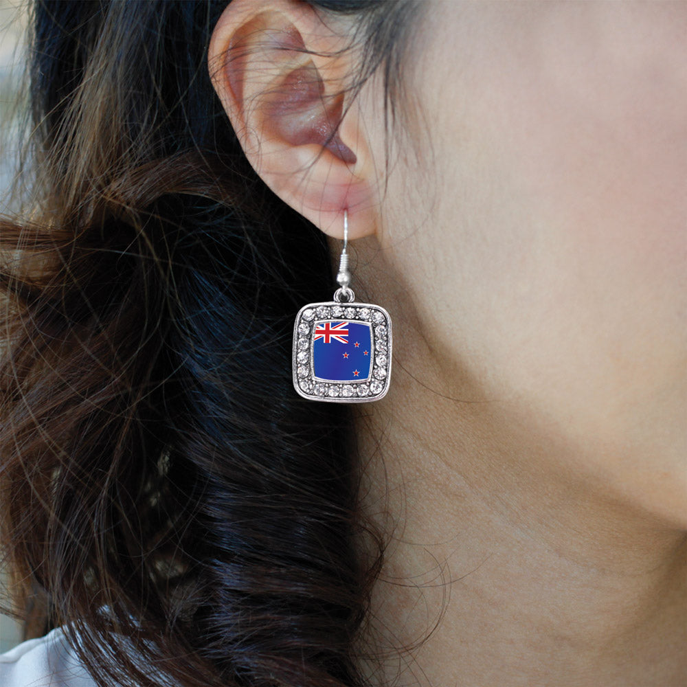 Silver New Zealand Flag Square Charm Dangle Earrings