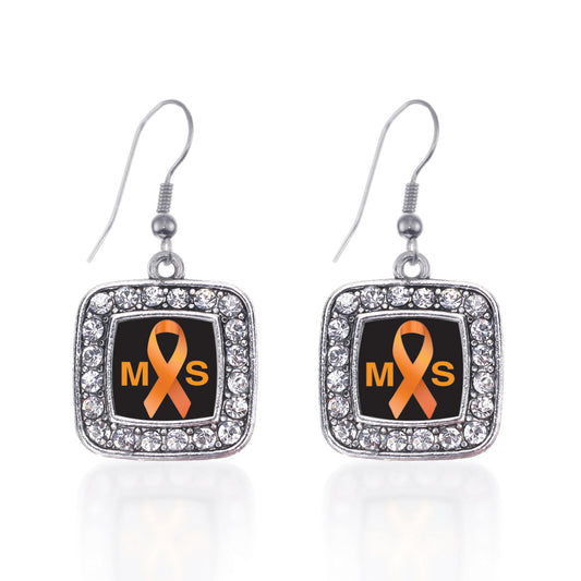 Silver Multiple Sclerosis Awareness Square Charm Dangle Earrings