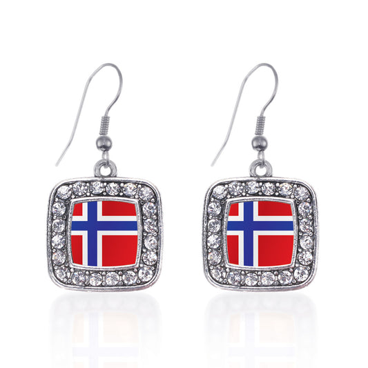 Silver Norway Flag Square Charm Dangle Earrings