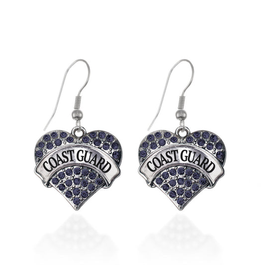 Silver Coast Guard Blue Pave Heart Charm Dangle Earrings