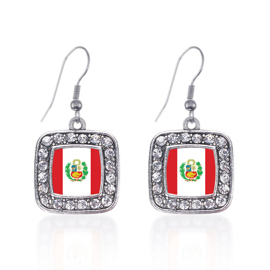 Silver Peru Flag Square Charm Dangle Earrings