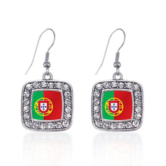 Silver Portugal Flag Square Charm Dangle Earrings