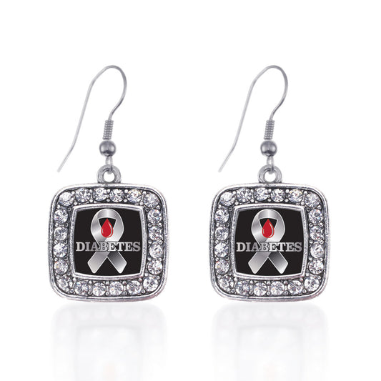 Silver Diabetes Awareness Square Charm Dangle Earrings