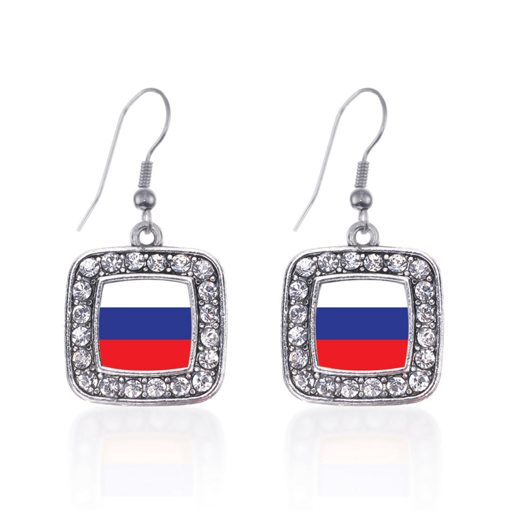 Silver Russia Flag Square Charm Dangle Earrings