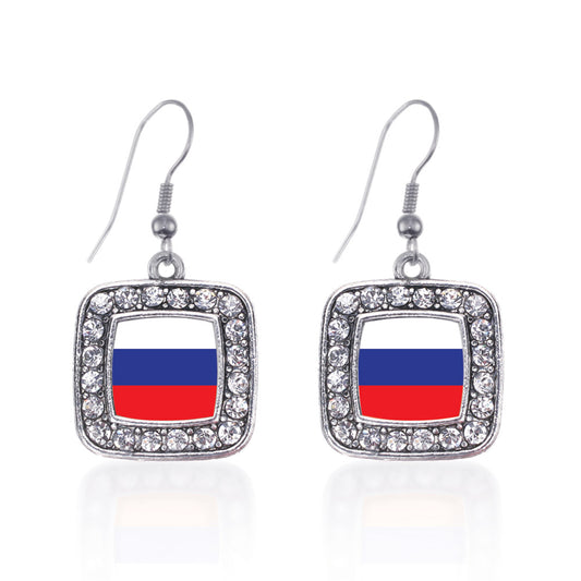 Silver Russia Flag Square Charm Dangle Earrings