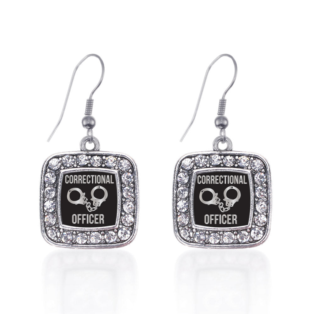 Silver Correctional Officer Square Charm Dangle Earrings