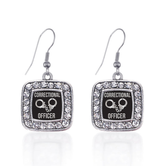 Silver Correctional Officer Square Charm Dangle Earrings