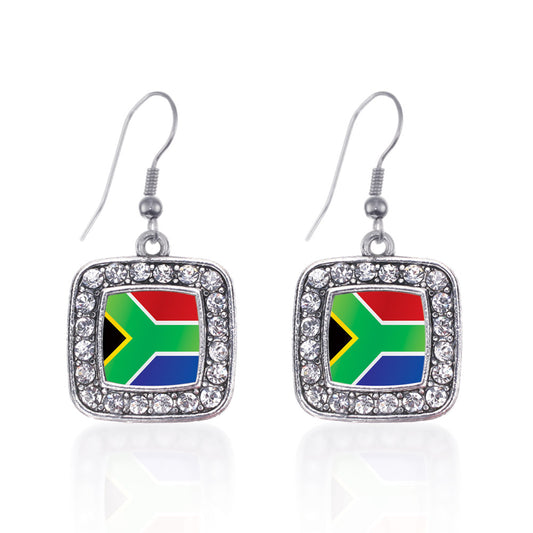 Silver South Africa Flag Square Charm Dangle Earrings