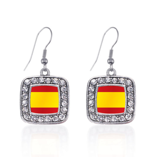 Silver Spain Flag Square Charm Dangle Earrings