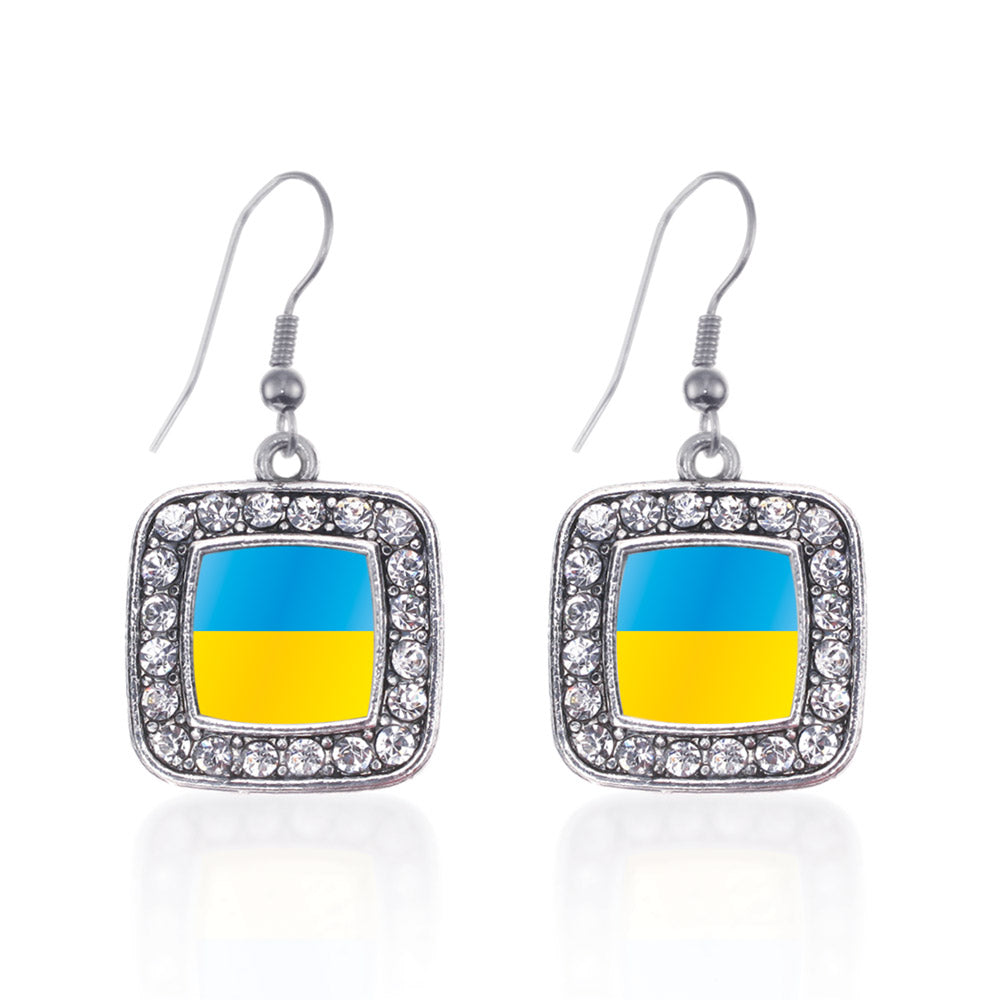 Silver Ukraine Flag Square Charm Dangle Earrings