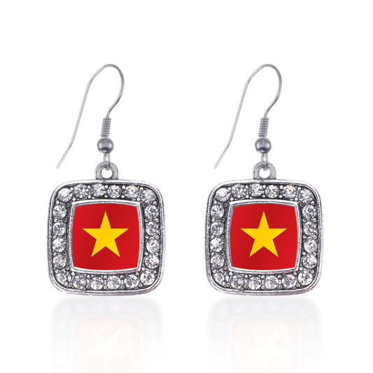 Silver Vietnam Flag Square Charm Dangle Earrings