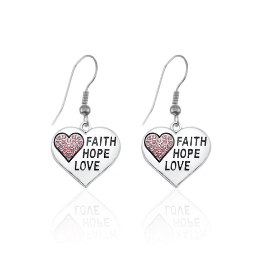 Silver Faith Hope Love Heart Charm Dangle Earrings