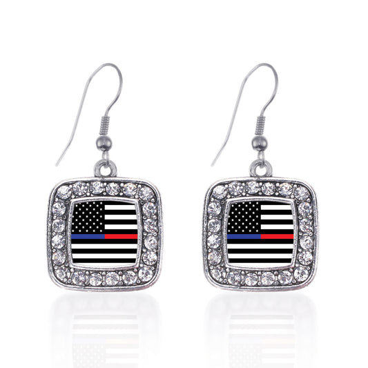 Silver Thin Blue Line and Thin Red Line American Flag Square Charm Dangle Earrings