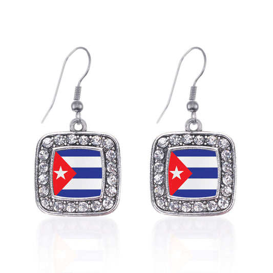 Silver Cuba Flag Square Charm Dangle Earrings
