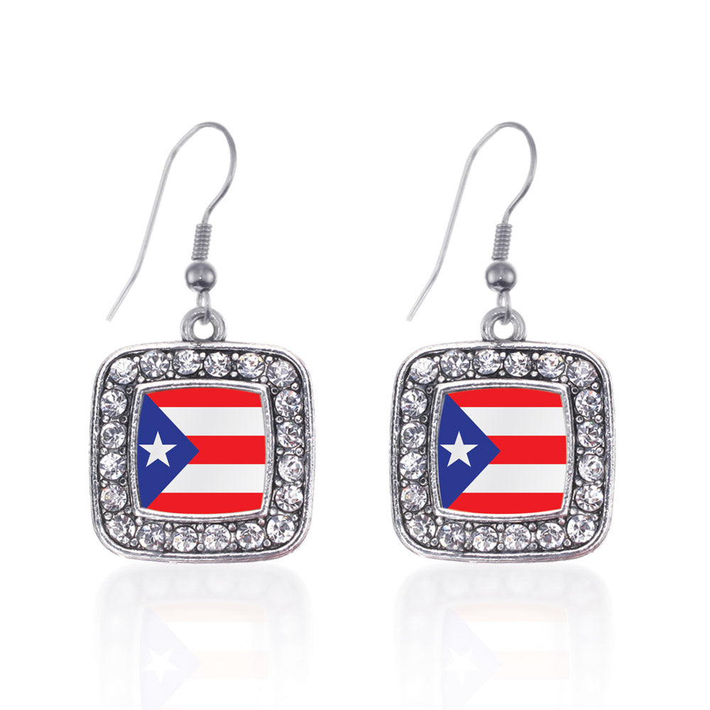Silver Puerto Rico Flag Square Charm Dangle Earrings