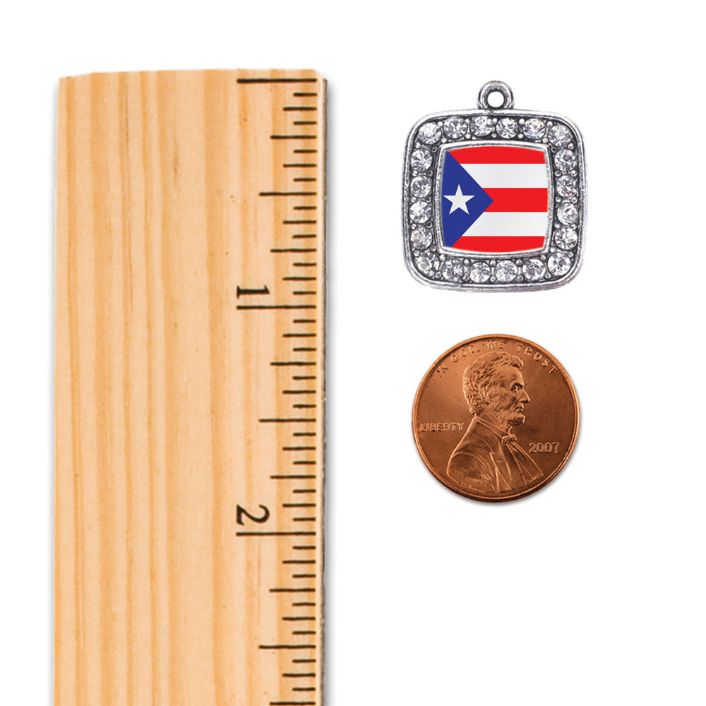 Silver Puerto Rico Flag Square Charm Dangle Earrings