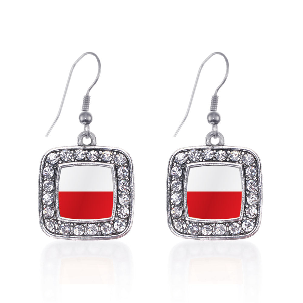 Silver Poland Flag Square Charm Dangle Earrings