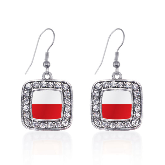 Silver Poland Flag Square Charm Dangle Earrings