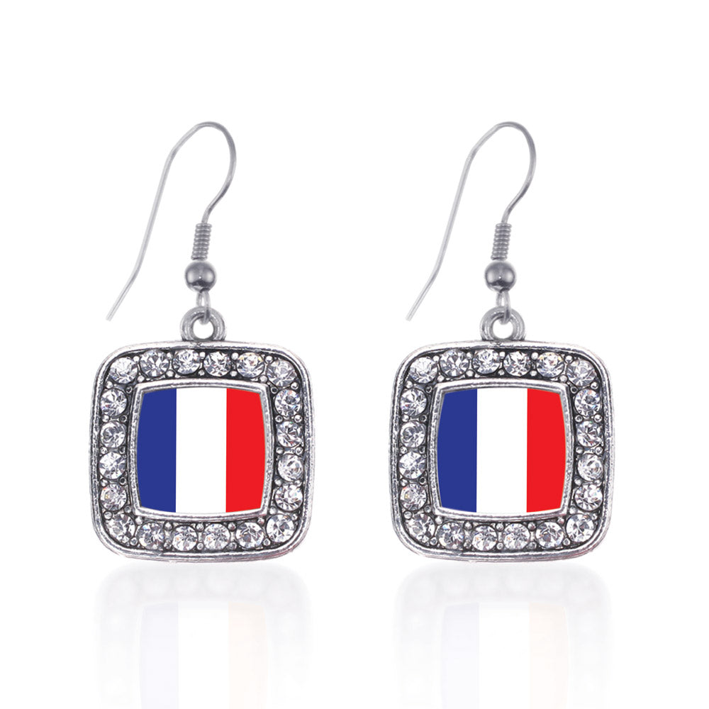 Silver France Flag Square Charm Dangle Earrings