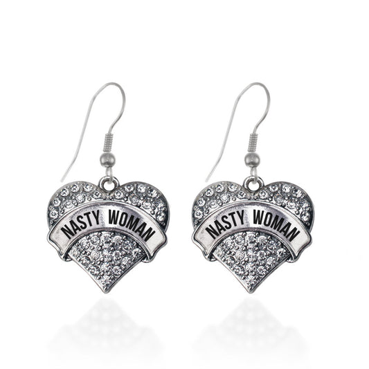 Silver Nasty Woman Pave Heart Charm Dangle Earrings