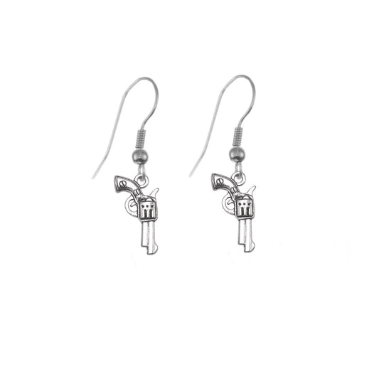 Silver Revolver Charm Dangle Earrings