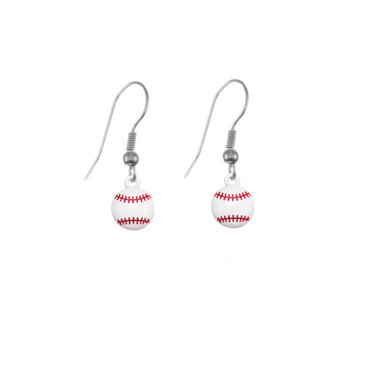 Silver Petite Baseball Charm Dangle Earrings
