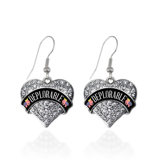 Silver Deplorable Pave Heart Charm Dangle Earrings