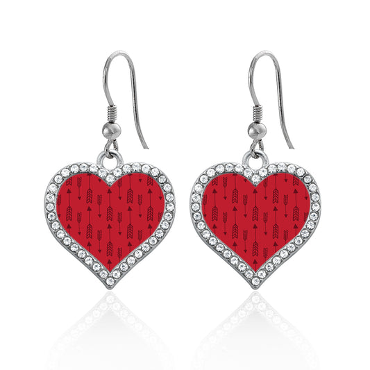 Silver Arrow Pattern - Red Open Heart Charm Dangle Earrings