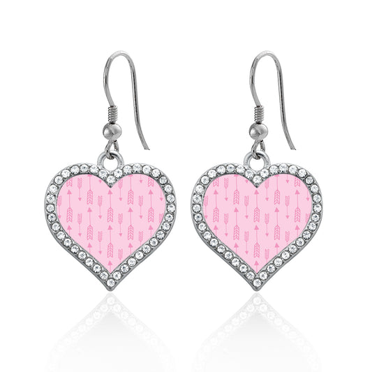 Silver Arrow Pattern Pink Open Heart Charm Dangle Earrings