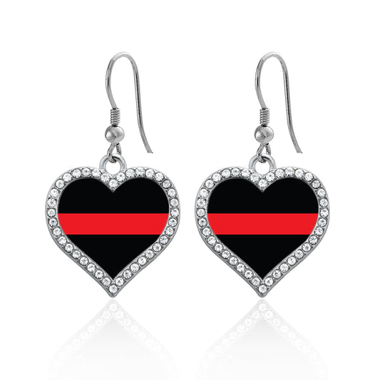 Silver Thin Red Line - Firefighter Support Open Heart Charm Dangle Earrings
