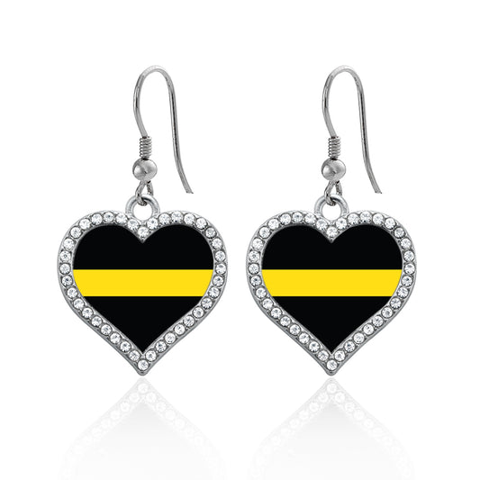 Silver Thin Yellow Line - Dispatcher Support Open Heart Charm Dangle Earrings