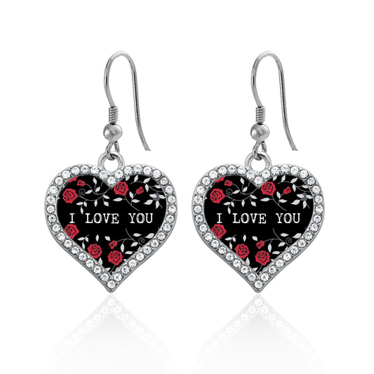 Silver Rose Pattern - I LOVE YOU Open Heart Charm Dangle Earrings