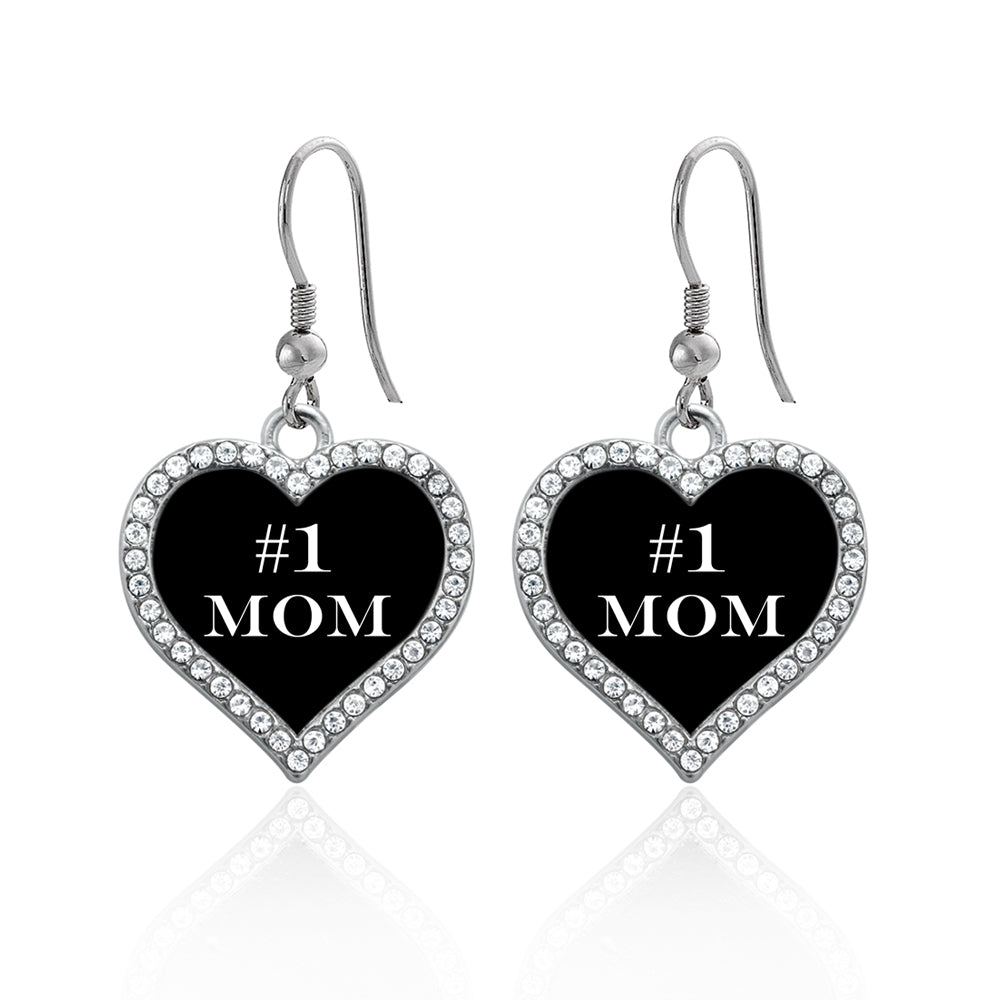 Silver #1 Mom Open Heart Charm Dangle Earrings
