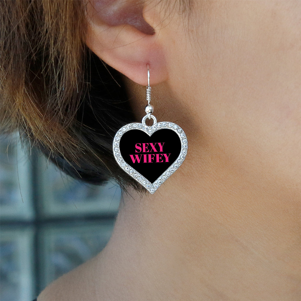 Silver SEXY WIFEY Open Heart Charm Dangle Earrings