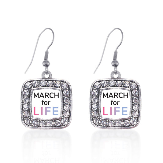 Silver March for Life Square Charm Dangle Earrings