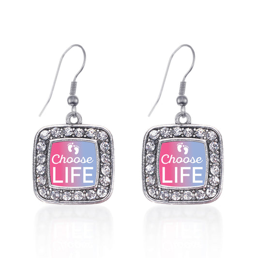 Silver Choose Life Square Charm Dangle Earrings