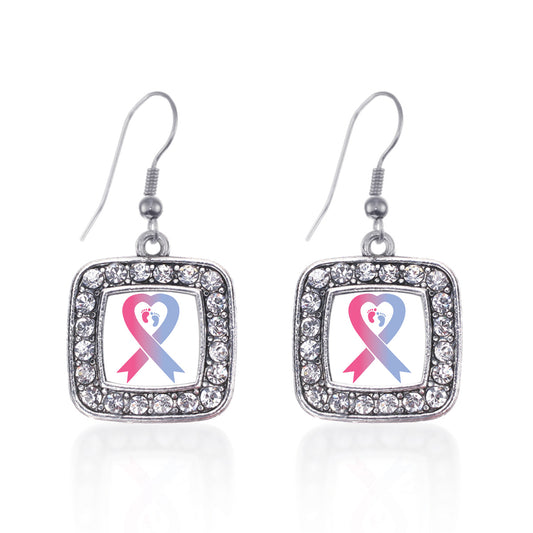 Silver Pro-Life Ribbon Square Charm Dangle Earrings